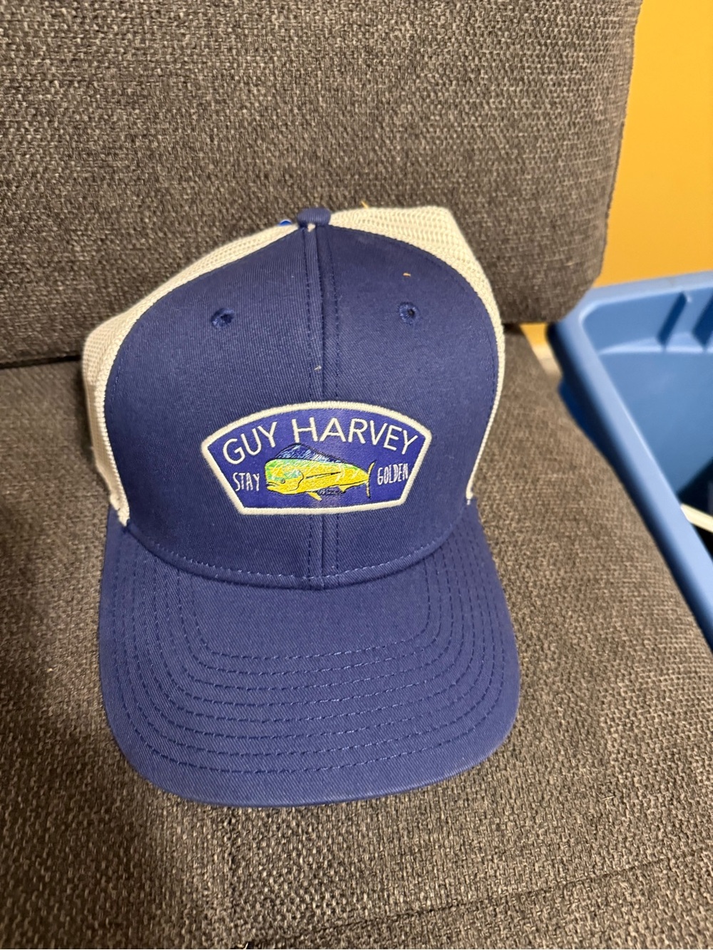 Guy Harvey Blue and White Mesh Trucker Hat with Fish Patch
